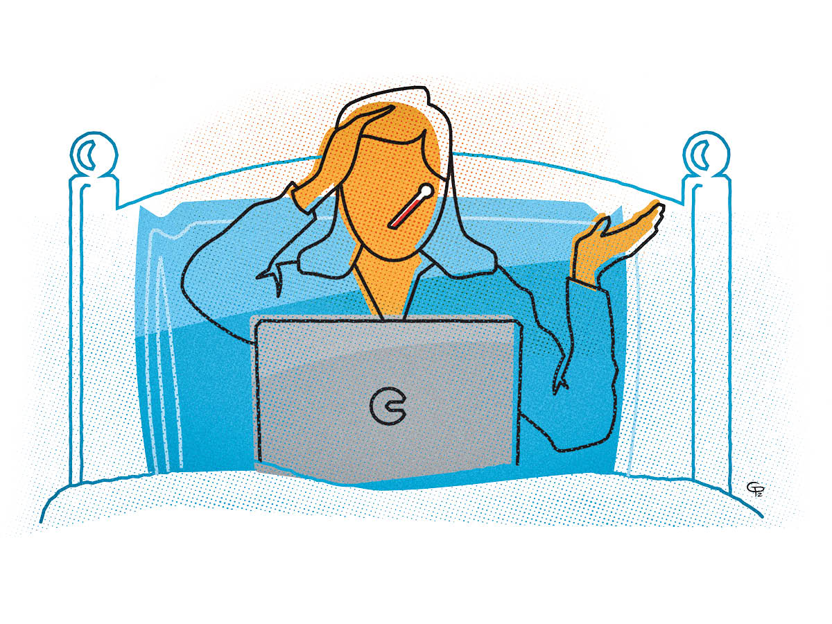 An illustration shows a person in bed with a computer on their lap and a mercury-bulb thermometer in their mouth.
